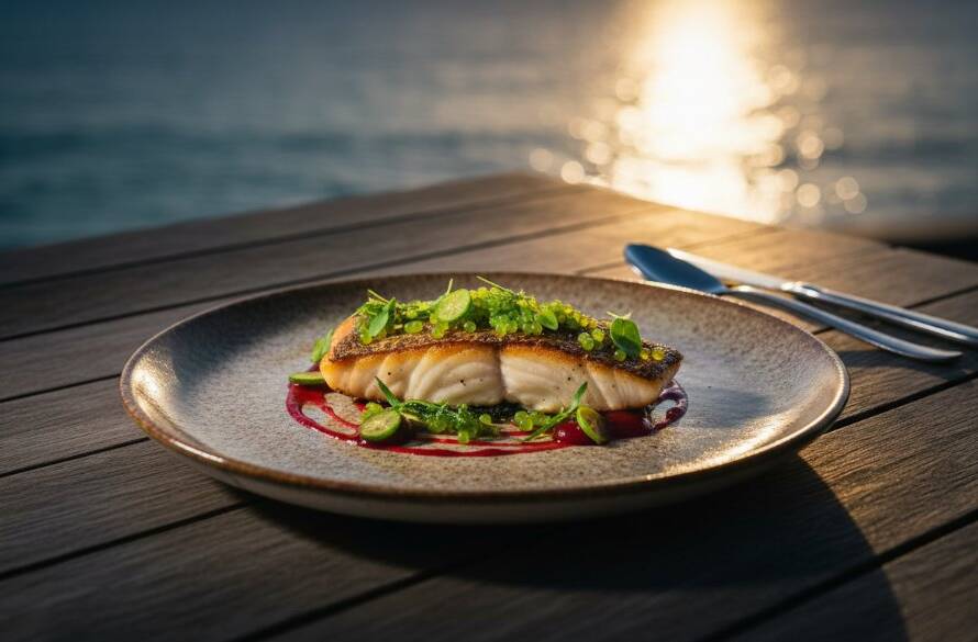 A dramatic, professionally colour-graded photograph expertly capturing Black Rock food photography essence, featuring a perfectly plated gourmet dish under cinematic lighting at a coastal Black Rock restaurant, emphasising texture and vibrant colours, with the bay subtly blurred in the background.