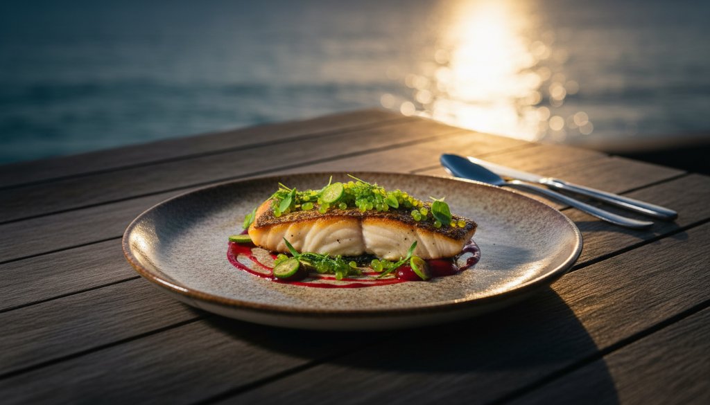 A dramatic, professionally colour-graded photograph expertly capturing Black Rock food photography essence, featuring a perfectly plated gourmet dish under cinematic lighting at a coastal Black Rock restaurant, emphasising texture and vibrant colours, with the bay subtly blurred in the background.