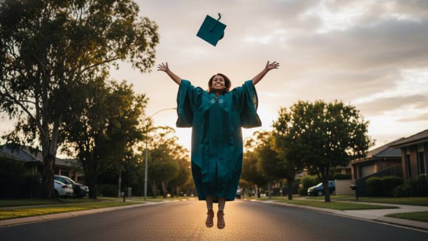 A joyful university graduate in cap and gown, framed by the lush greenery of Blackburn North, throwing their cap into the air at sunset, perfectly capturing Blackburn North graduation joy professional photos in an epic, professionally lit moment.