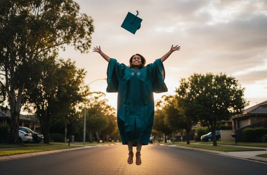 A joyful university graduate in cap and gown, framed by the lush greenery of Blackburn North, throwing their cap into the air at sunset, perfectly capturing Blackburn North graduation joy professional photos in an epic, professionally lit moment.