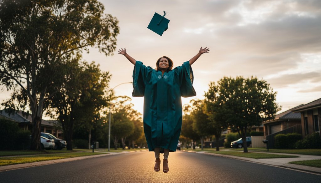 A joyful university graduate in cap and gown, framed by the lush greenery of Blackburn North, throwing their cap into the air at sunset, perfectly capturing Blackburn North graduation joy professional photos in an epic, professionally lit moment.