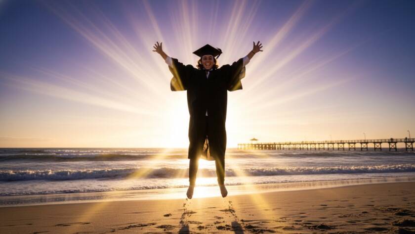 An ecstatic graduate, cap in the air, silhouetted against a vibrant Bonbeach sunset, symbolising the successful Capturing Bonbeach Graduation Joy Beachside with professional artistry.