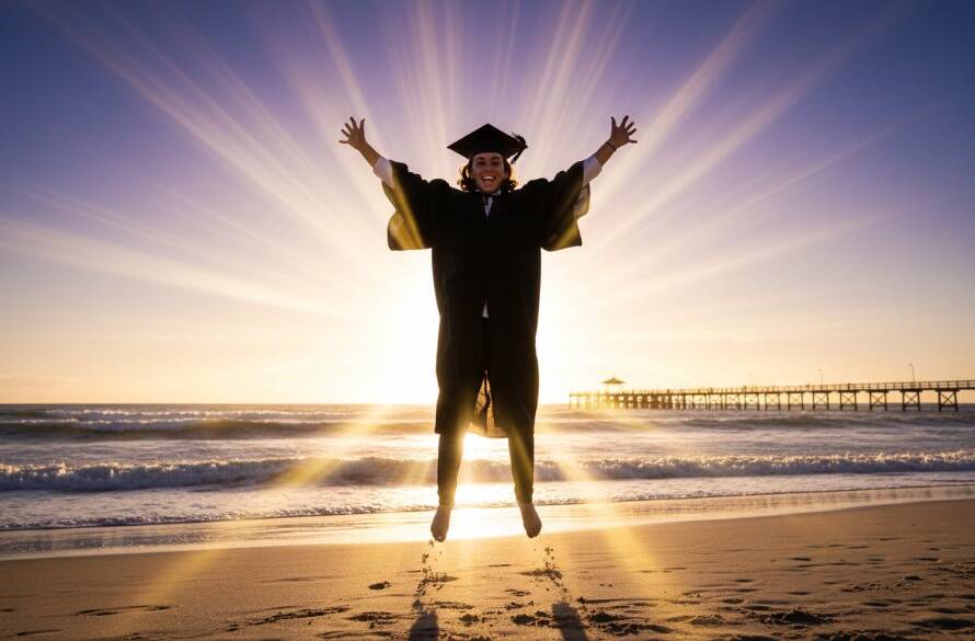 An ecstatic graduate, cap in the air, silhouetted against a vibrant Bonbeach sunset, symbolising the successful Capturing Bonbeach Graduation Joy Beachside with professional artistry.
