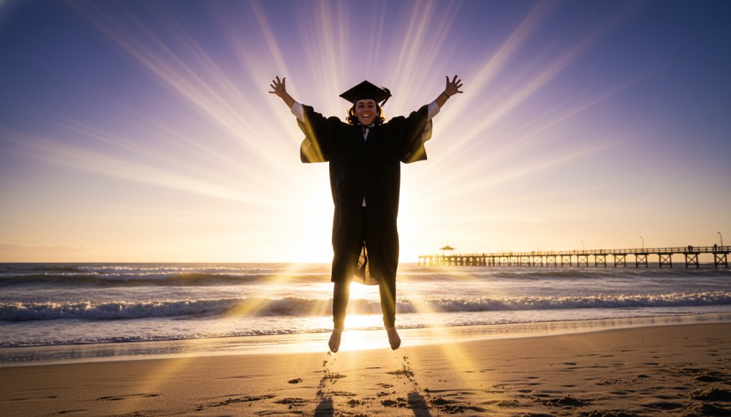 An ecstatic graduate, cap in the air, silhouetted against a vibrant Bonbeach sunset, symbolising the successful Capturing Bonbeach Graduation Joy Beachside with professional artistry.