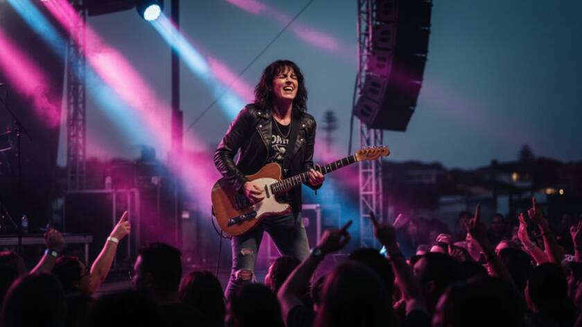 An electrifying wide shot capturing Bonbeach live music energy photography, featuring a lead singer mid-performance, bathed in dramatic stage lights, with the vibrant audience hands raised in front of a slightly blurred coastal Bonbeach backdrop. The scene is colour-graded with dynamic hues, conveying an epic moment of connection and raw musical passion.