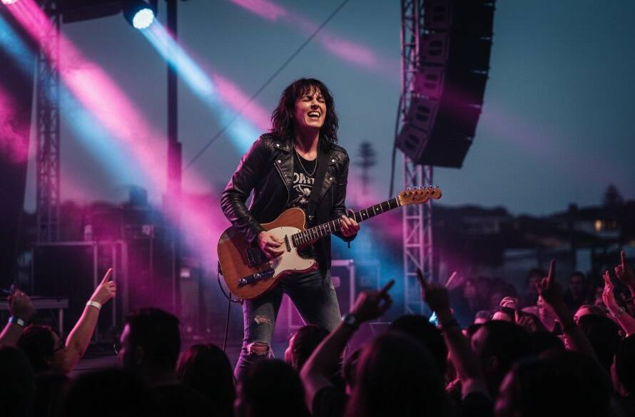 An electrifying wide shot capturing Bonbeach live music energy photography, featuring a lead singer mid-performance, bathed in dramatic stage lights, with the vibrant audience hands raised in front of a slightly blurred coastal Bonbeach backdrop. The scene is colour-graded with dynamic hues, conveying an epic moment of connection and raw musical passion.