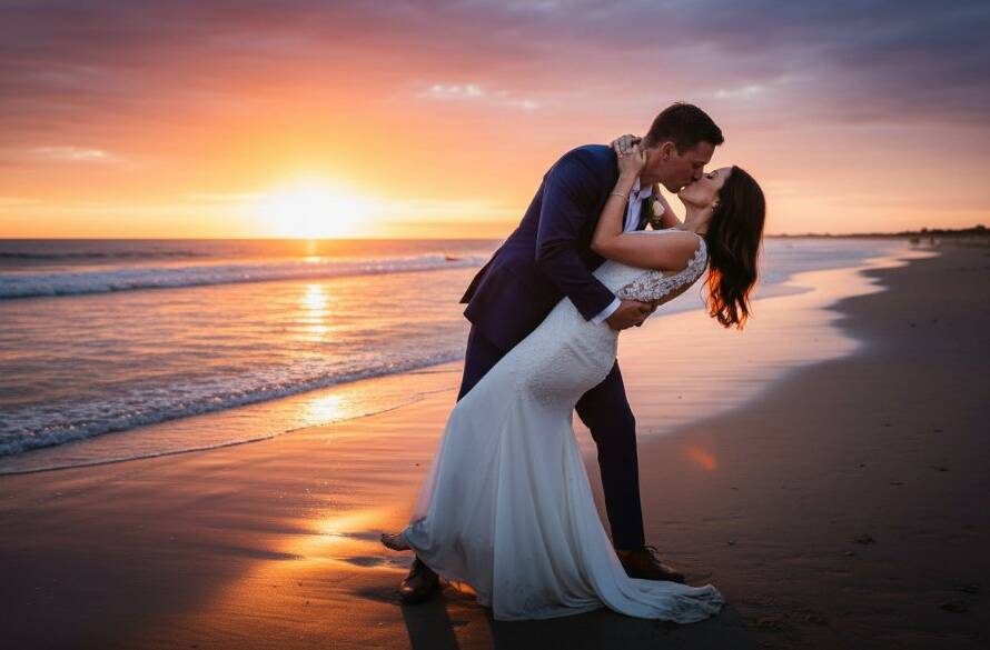 An epic moment of a newlywed couple embracing on Bonbeach foreshore at sunset, with golden light reflecting on the water, exemplifying expert capturing Bonbeach sunset wedding magic Victoria.