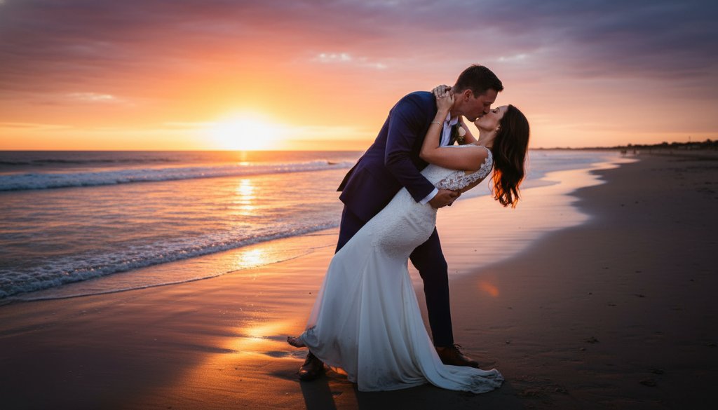 An epic moment of a newlywed couple embracing on Bonbeach foreshore at sunset, with golden light reflecting on the water, exemplifying expert capturing Bonbeach sunset wedding magic Victoria.