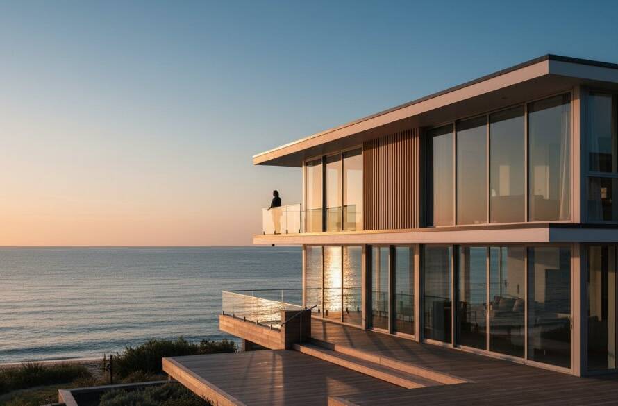 An epic, cinematic shot showcasing a modern, minimalist Bonbeach beach house at sunrise, with golden light reflecting off its sleek lines and the calm Port Phillip Bay in the background, embodying Capturing Bonbeach's unique coastal architecture photography.