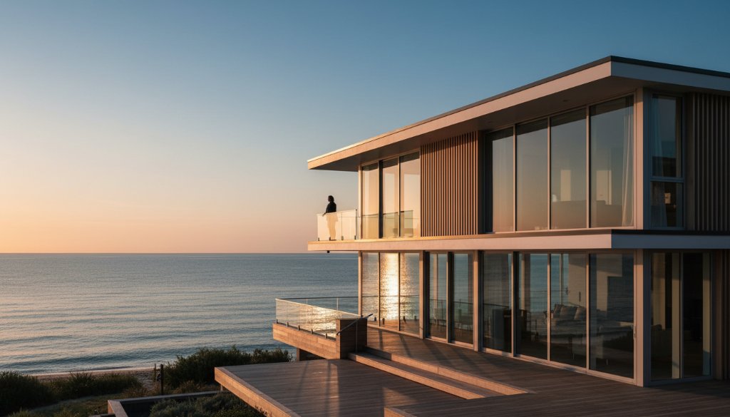 An epic, cinematic shot showcasing a modern, minimalist Bonbeach beach house at sunrise, with golden light reflecting off its sleek lines and the calm Port Phillip Bay in the background, embodying Capturing Bonbeach's unique coastal architecture photography.