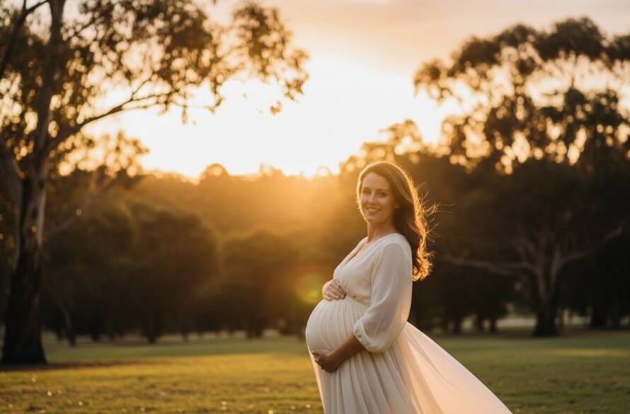 An ethereal portrait of a radiant pregnant woman embracing her belly at sunset in a lush Boronia park, showcasing the serene beauty of capturing Boronia maternity glow outdoor photography, with dramatic backlighting and soft focus.