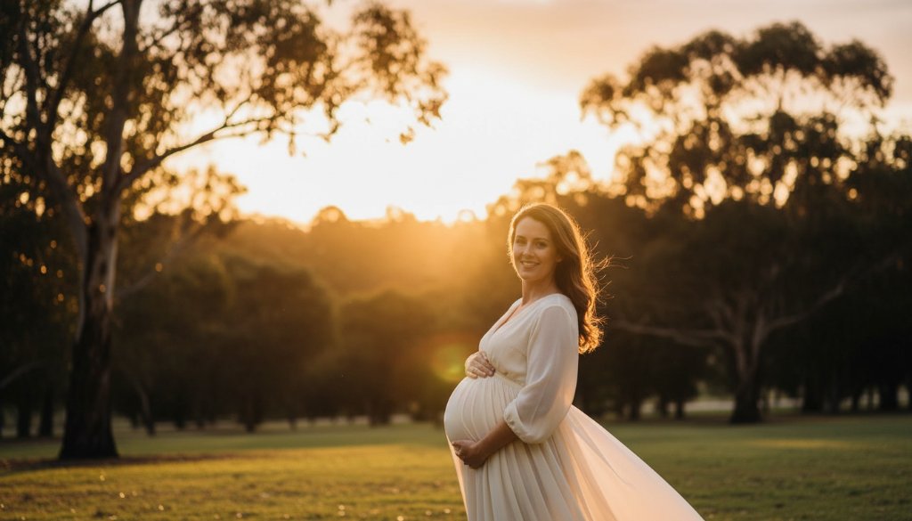 An ethereal portrait of a radiant pregnant woman embracing her belly at sunset in a lush Boronia park, showcasing the serene beauty of capturing Boronia maternity glow outdoor photography, with dramatic backlighting and soft focus.