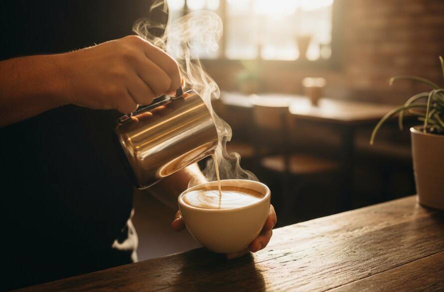 Close-up, dramatically lit shot of a barista skillfully pouring latte art, showcasing rich textures and vibrant colours, embodying the essence of Capturing Boronia's best cafe food photography in a Boronia cafe setting.