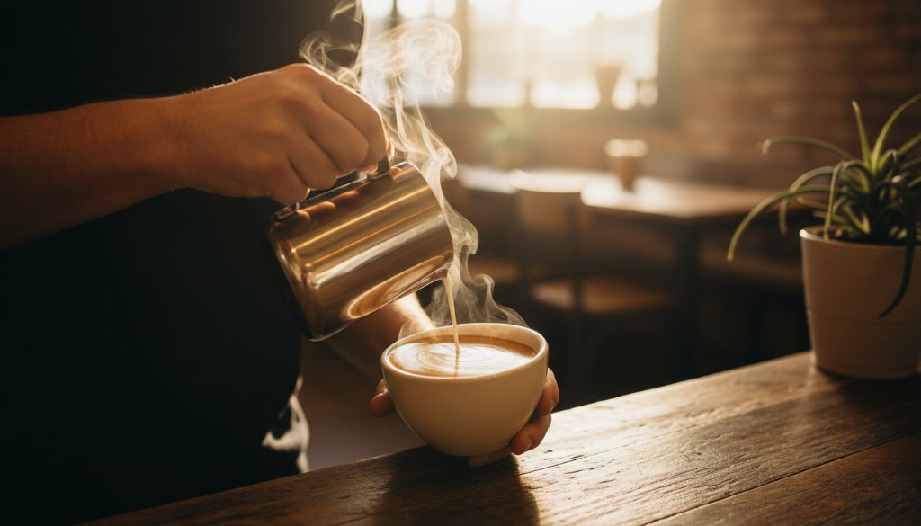 Close-up, dramatically lit shot of a barista skillfully pouring latte art, showcasing rich textures and vibrant colours, embodying the essence of Capturing Boronia's best cafe food photography in a Boronia cafe setting.