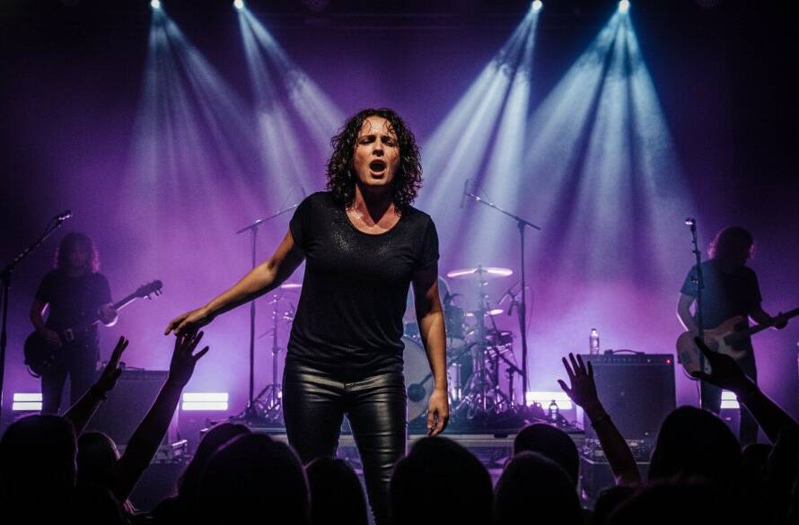 Dramatic wide shot of a lead guitarist shredding on stage, bathed in dynamic blue and red stage lights, audience members silhouetted in the foreground, perfectly capturing Box Hill South concert energy photography with an epic, high-energy moment.