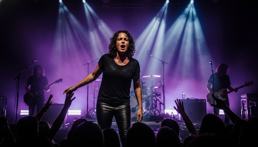 Dramatic wide shot of a lead guitarist shredding on stage, bathed in dynamic blue and red stage lights, audience members silhouetted in the foreground, perfectly capturing Box Hill South concert energy photography with an epic, high-energy moment.