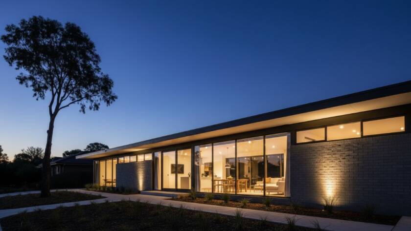 An epic moment capturing Box Hill South's modernist architectural beauty at twilight, featuring a striking mid-century building facade with dramatic long shadows and golden hour light, reflecting the vibrant street life.