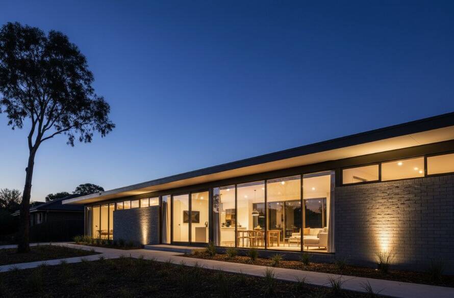 An epic moment capturing Box Hill South's modernist architectural beauty at twilight, featuring a striking mid-century building facade with dramatic long shadows and golden hour light, reflecting the vibrant street life.