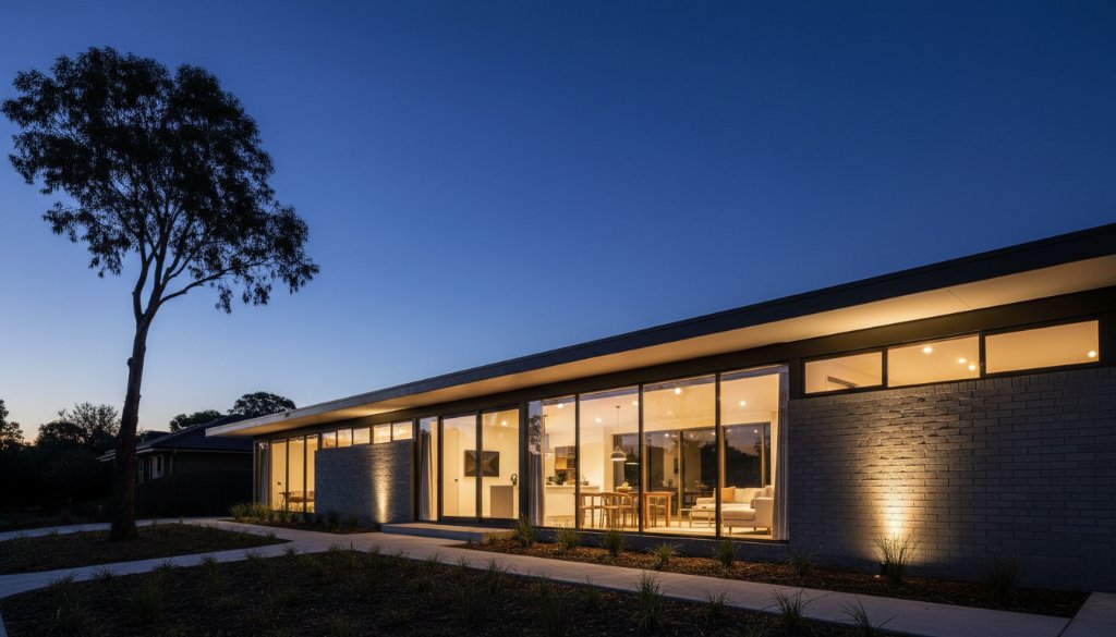 An epic moment capturing Box Hill South's modernist architectural beauty at twilight, featuring a striking mid-century building facade with dramatic long shadows and golden hour light, reflecting the vibrant street life.
