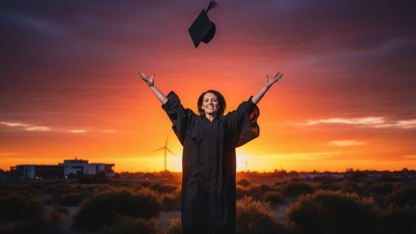 An ecstatic graduate in Braeside, Victoria, joyfully tossing their cap against a vibrant sunset sky, celebrating their academic achievement. This image exemplifies capturing Braeside Victoria Graduation Joy with professional photography.