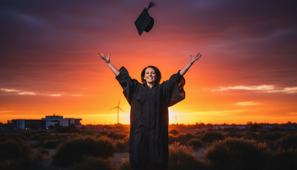 An ecstatic graduate in Braeside, Victoria, joyfully tossing their cap against a vibrant sunset sky, celebrating their academic achievement. This image exemplifies capturing Braeside Victoria Graduation Joy with professional photography.