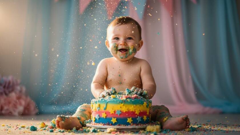A wide-angle, vibrant photograph capturing Braeside Victoria's joyful cake smash photography moments, featuring a happy baby in a beautifully decorated studio, hands deep in a colourful cake, with dynamic light highlighting frosting flying, symbolizing pure delight and a milestone celebration.