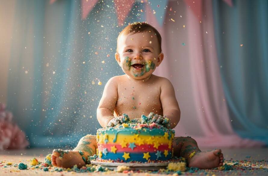 A wide-angle, vibrant photograph capturing Braeside Victoria's joyful cake smash photography moments, featuring a happy baby in a beautifully decorated studio, hands deep in a colourful cake, with dynamic light highlighting frosting flying, symbolizing pure delight and a milestone celebration.