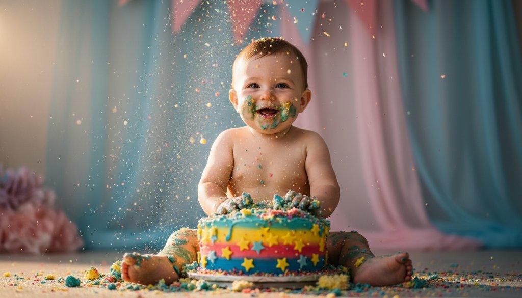 A wide-angle, vibrant photograph capturing Braeside Victoria's joyful cake smash photography moments, featuring a happy baby in a beautifully decorated studio, hands deep in a colourful cake, with dynamic light highlighting frosting flying, symbolizing pure delight and a milestone celebration.