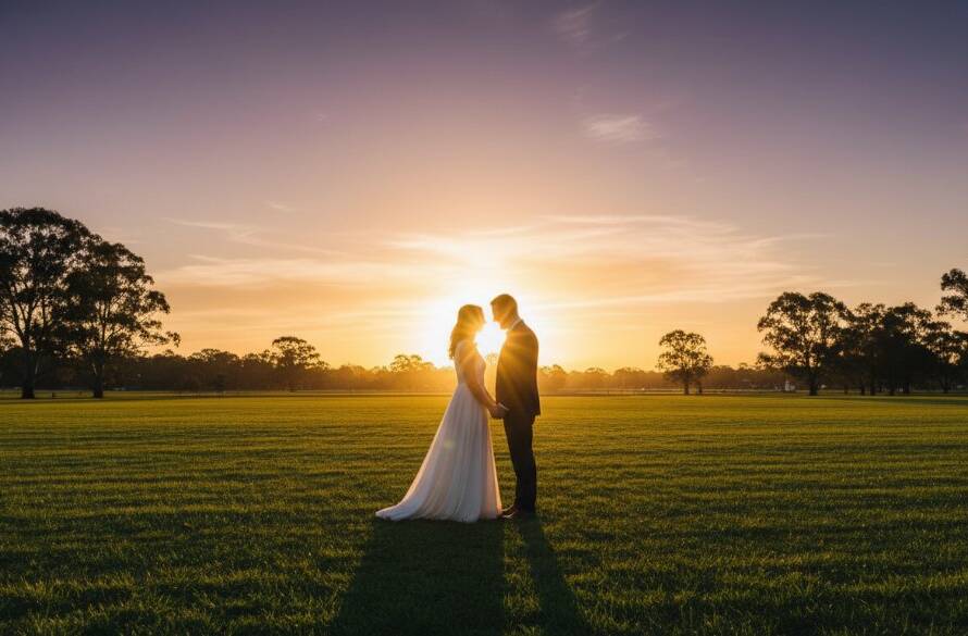 A dramatic, professionally colour-graded photograph of a newly married couple sharing an intimate, joyous embrace amidst the natural beauty of a Braeside garden, with warm, golden hour light backlighting them, perfectly Capturing Braeside wedding photography timeless memories.