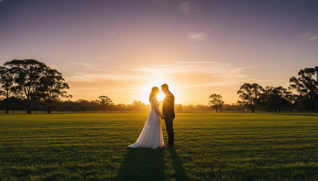 A dramatic, professionally colour-graded photograph of a newly married couple sharing an intimate, joyous embrace amidst the natural beauty of a Braeside garden, with warm, golden hour light backlighting them, perfectly Capturing Braeside wedding photography timeless memories.