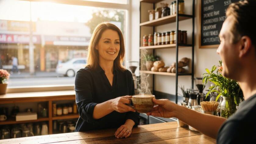 Dynamic commercial photograph showcasing a local business owner in Oakleigh East, Victoria, engaging with a client amidst a bustling cafe setting, expertly Capturing Brand Essence with Commercial Photography Oakleigh East, with warm, professional lighting and a shallow depth of field, highlighting connection and brand story.