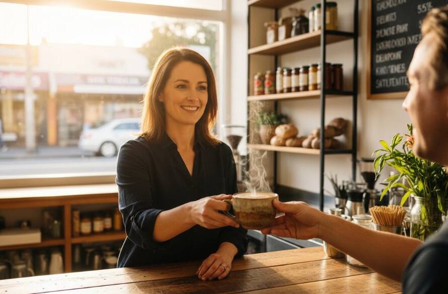 Dynamic commercial photograph showcasing a local business owner in Oakleigh East, Victoria, engaging with a client amidst a bustling cafe setting, expertly Capturing Brand Essence with Commercial Photography Oakleigh East, with warm, professional lighting and a shallow depth of field, highlighting connection and brand story.