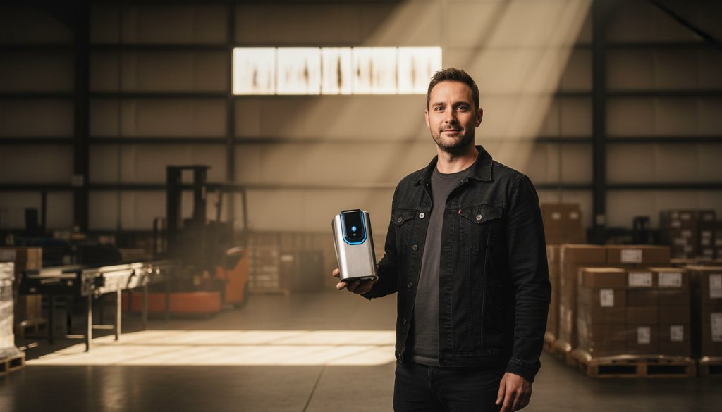 An epic moment of a local Tottenham business owner proudly presenting their handcrafted product, expertly captured through professional Capturing Brand Essence Tottenham Commercial Photography Victoria. The image features dramatic backlighting, rich colours, and a shallow depth of field, highlighting the product and the owner's passionate expression, set against an industrial-chic backdrop reflecting Tottenham's dynamic vibe.