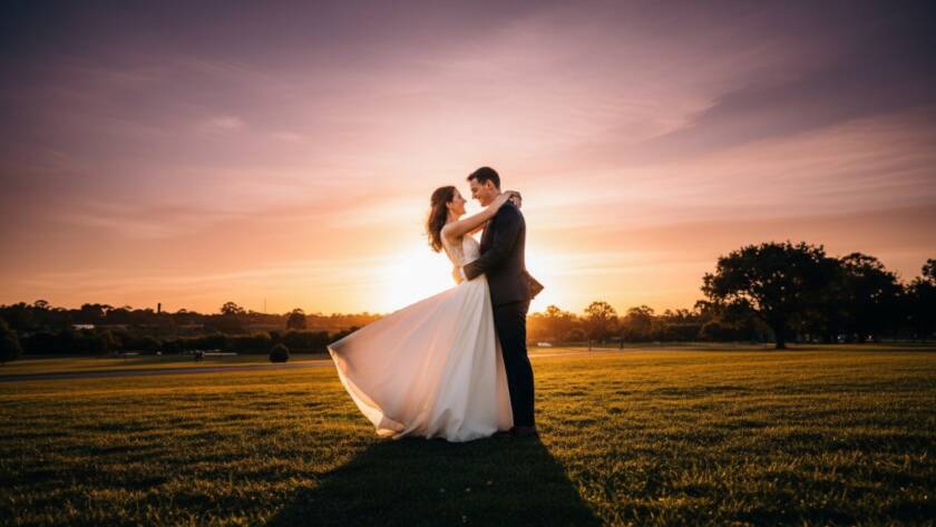 An epic moment of a newlywed couple embracing joyfully under a dramatic sunset sky in a Braybrook park, showcasing the essence of Capturing Braybrook Wedding Photography Authentic Joy, with golden hour light.