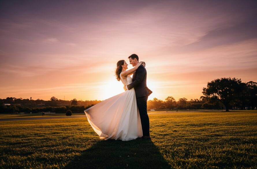 An epic moment of a newlywed couple embracing joyfully under a dramatic sunset sky in a Braybrook park, showcasing the essence of Capturing Braybrook Wedding Photography Authentic Joy, with golden hour light.