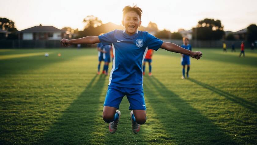 A dynamic, low-angle shot of a young soccer player celebrating after scoring a goal on a vibrant green field in Braybrook, illuminated by dramatic golden hour sunlight, perfectly illustrating capturing Braybrook's junior sports photography.
