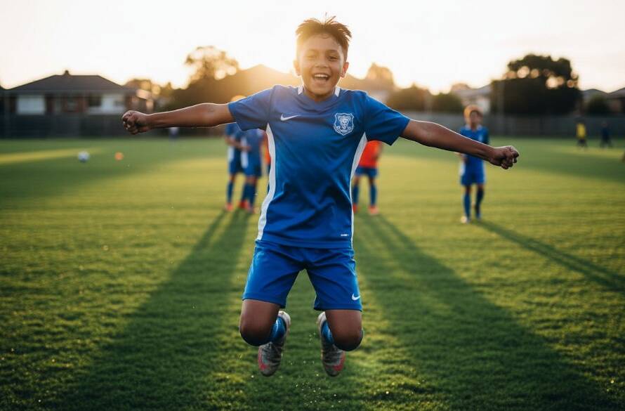 A dynamic, low-angle shot of a young soccer player celebrating after scoring a goal on a vibrant green field in Braybrook, illuminated by dramatic golden hour sunlight, perfectly illustrating capturing Braybrook's junior sports photography.