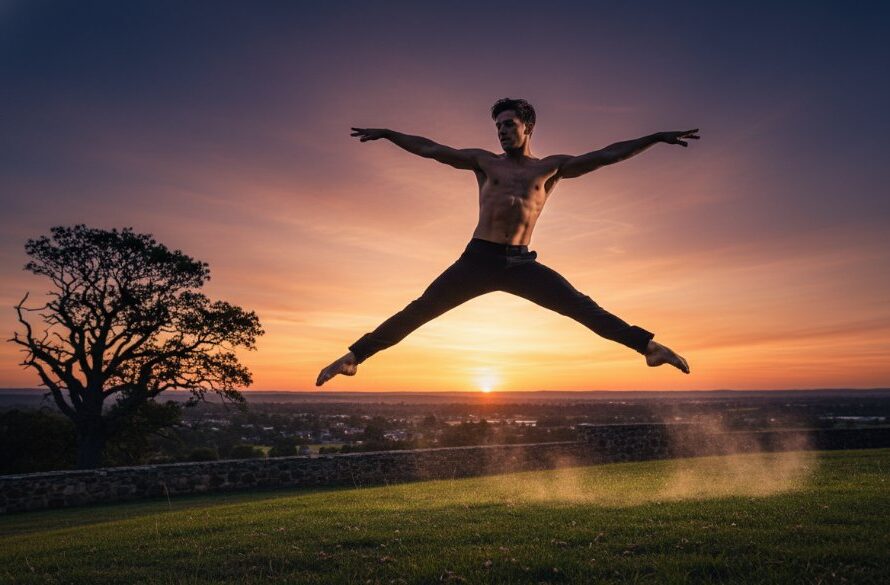 A dynamic shot of a dancer in mid-leap, silhouetted against a golden Buninyong sunset, embodying capturing breathtaking dance moments Buninyong with dramatic flair and professional colour grading.