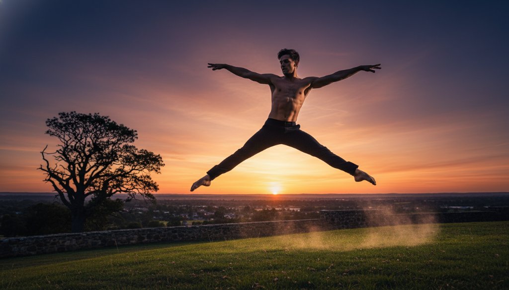A dynamic shot of a dancer in mid-leap, silhouetted against a golden Buninyong sunset, embodying capturing breathtaking dance moments Buninyong with dramatic flair and professional colour grading.