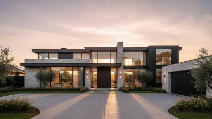 An epic, high-contrast photograph expertly capturing Brighton East's architectural charm at dawn, featuring the modern lines of a luxury home reflecting the golden sunrise, with a dramatic sky and dynamic leading lines.
