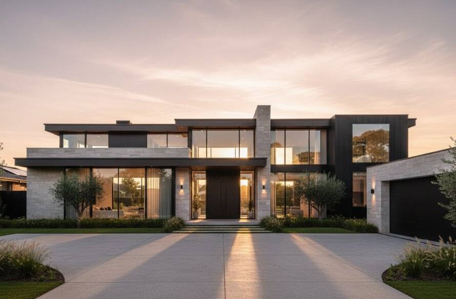 An epic, high-contrast photograph expertly capturing Brighton East's architectural charm at dawn, featuring the modern lines of a luxury home reflecting the golden sunrise, with a dramatic sky and dynamic leading lines.