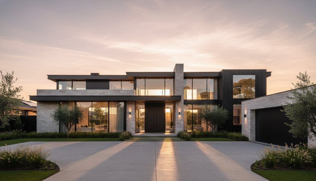 An epic, high-contrast photograph expertly capturing Brighton East's architectural charm at dawn, featuring the modern lines of a luxury home reflecting the golden sunrise, with a dramatic sky and dynamic leading lines.