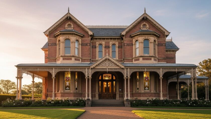Dramatic twilight shot capturing Brown Hill Victorian architecture details, showcasing the intricate facade of a historic building under warm, glowing streetlights.