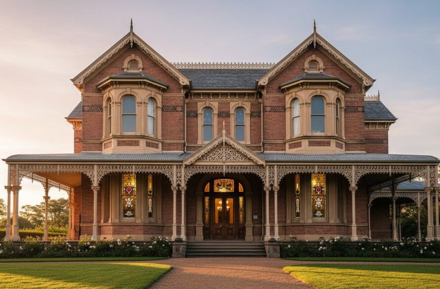 Dramatic twilight shot capturing Brown Hill Victorian architecture details, showcasing the intricate facade of a historic building under warm, glowing streetlights.