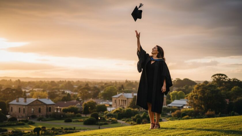 An epic moment photograph of a beaming graduate, wearing a cap and gown, joyfully tossing their mortarboard against a dramatic sunset sky over the historic Buninyong Botanic Gardens, symbolising the successful capturing Buninyong graduation joy photos.