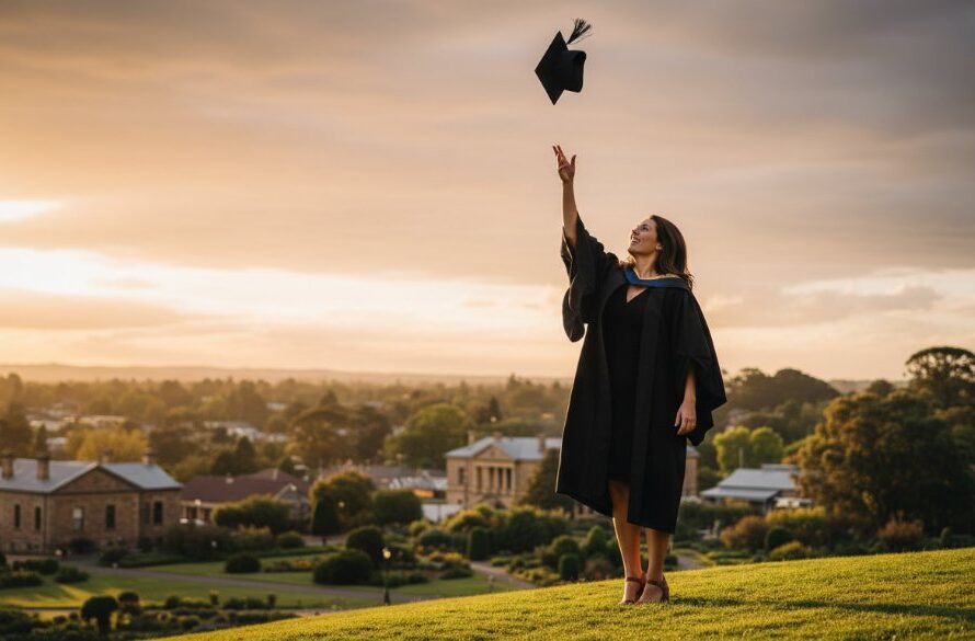 An epic moment photograph of a beaming graduate, wearing a cap and gown, joyfully tossing their mortarboard against a dramatic sunset sky over the historic Buninyong Botanic Gardens, symbolising the successful capturing Buninyong graduation joy photos.