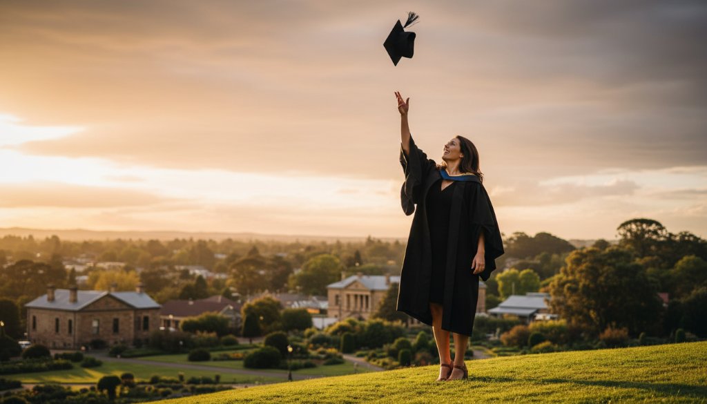 An epic moment photograph of a beaming graduate, wearing a cap and gown, joyfully tossing their mortarboard against a dramatic sunset sky over the historic Buninyong Botanic Gardens, symbolising the successful capturing Buninyong graduation joy photos.