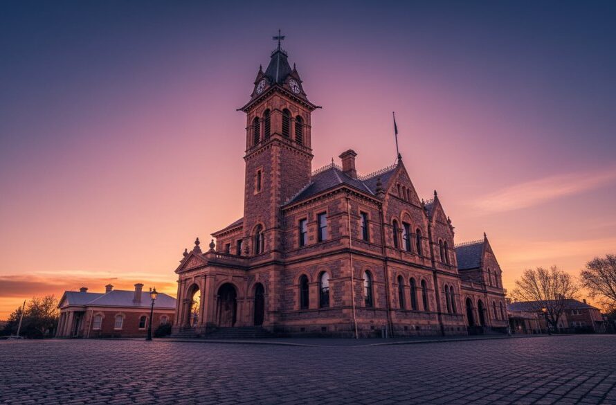 Dramatic sunset photo highlighting the intricate facade of Buninyong's historic Town Hall, with warm light bathing its stonework and grand clock tower, showcasing expert capturing Buninyong's historic architecture photography.
