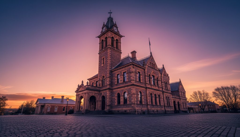 Dramatic sunset photo highlighting the intricate facade of Buninyong's historic Town Hall, with warm light bathing its stonework and grand clock tower, showcasing expert capturing Buninyong's historic architecture photography.