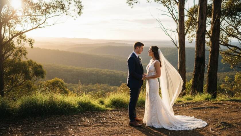 A stunning, candid wide-angle photograph of a newly married couple sharing a genuine, joyful laugh amidst the natural beauty of the Dandenong Ranges foothills in Boronia, Victoria, with warm, golden hour light filtering through eucalyptus trees, highlighting their intimate connection and the vibrant Australian landscape. This image epitomises capturing candid Boronia wedding photography moments.